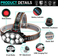 DAWINSIE LED Fejlámpa USB Tölthető, 8 LED 12000lm, 4 Üzemmód, Vízálló, 90° Forgatható, Túrázáshoz, Kempinghez, Horgászathoz 2