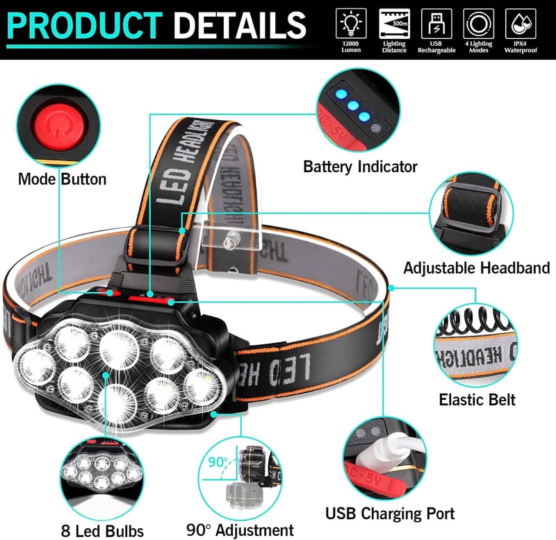 DAWINSIE LED Fejlámpa USB Tölthető, 8 LED 12000lm, 4 Üzemmód, Vízálló, 90° Forgatható, Túrázáshoz, Kempinghez, Horgászathoz