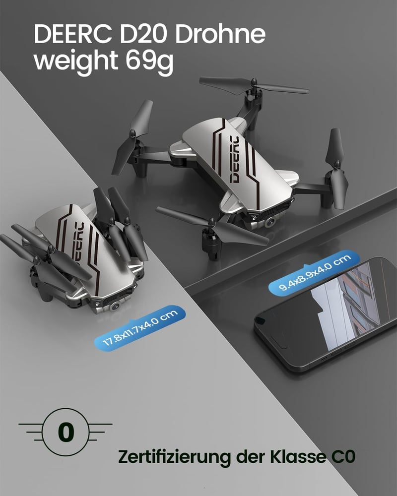 DEERC D20 Összecsukható Mini Drón HD 720P Kamerával, WiFi FPV Élő Közvetítéssel, 2 Akkumulátorral, Hosszú Repülési Idővel, Gesztus Vezérléss