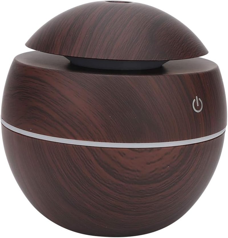 Akozon Gömb Alakú USB Párásító Diffúzor - Csendes Légtisztító Otthonra és Irodába - 130ml Tartály, Automata Kikapcsolás, Sötét Fa Mintázat