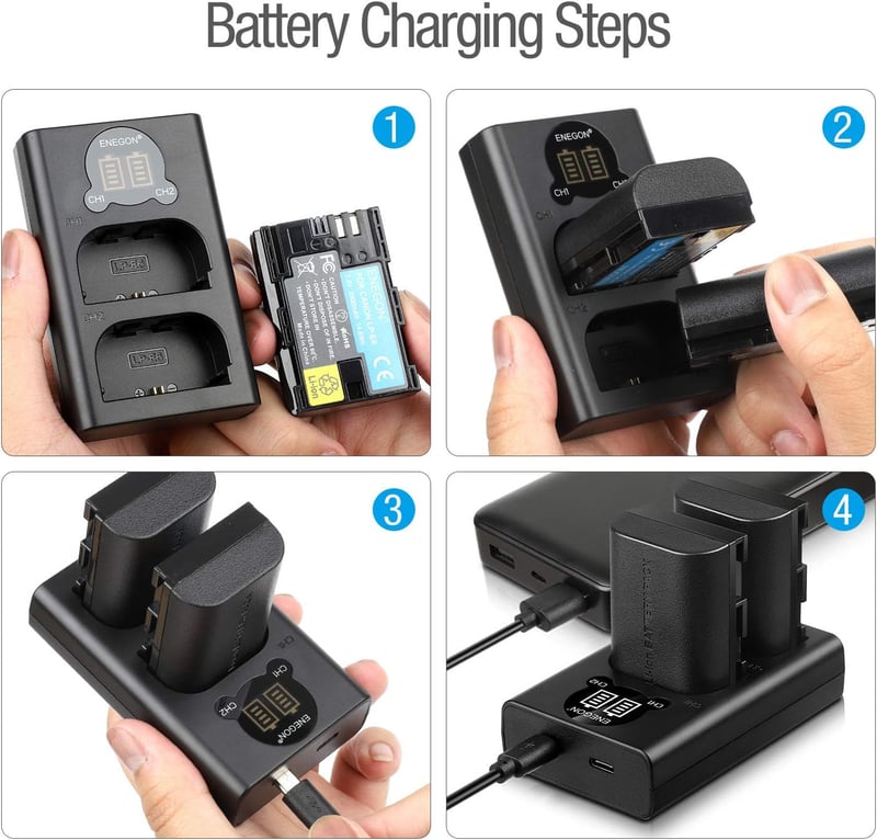 Canon LP-E6 akkumulátor szett: 2db ENEGON pótakku és LED USB töltő EOS kamerákhoz