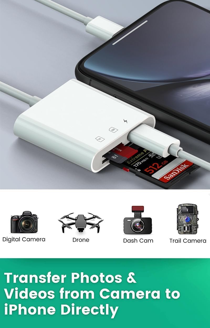 Oliveria 2 az 1-ben SD Kártyaolvasó iPhone/iPad Készülékekhez - Micro SD/SD Dual Slot, Egyidejű Töltés, Plug and Play, 4K Videó Támogatás