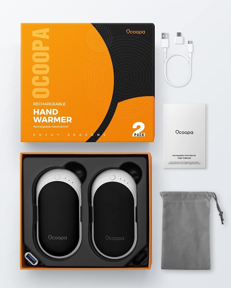 OCOOPA Újratölthető Kézmelegítő, 5200 mAh, 2 db, Alumínium, 3 Hőfokozat, Powerbank Funkcióval, Fekete, Kültéri Sportokhoz, Raynaud Szindrómá