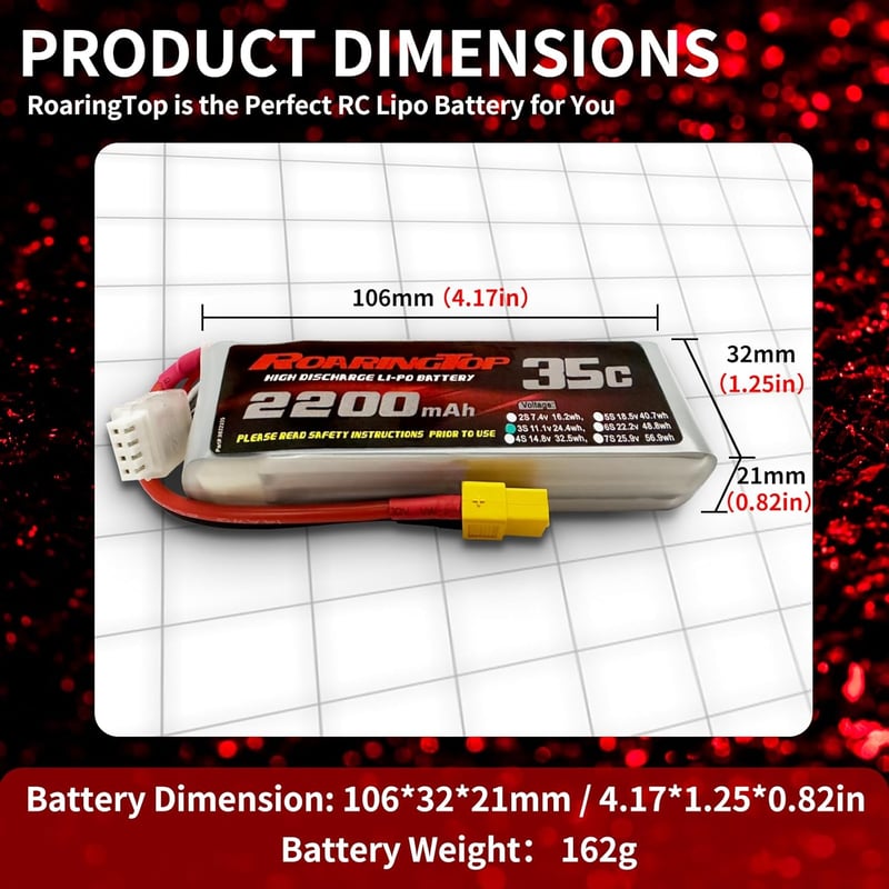 Roaring Top 2200mAh 11.1V 3S 35C LiPo akkumulátor XT60 csatlakozóval RC járművekhez és drónokhoz (2 db)