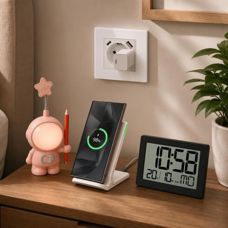 Kábelmentes töltősarok: USB falitöltő + 15 W töltőállomás + USB lámpa + digitális falióra