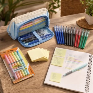 Školski set za uspjeh: pernica + 12x periva gel olovka + 6x samoljepljivi blok + marker