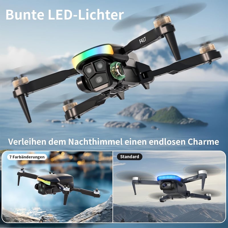 FAKJANK F417 Drón 1080P HD Kamerával, 90° Állítható, WiFi FPV, Kétlencsés, Kefe Nélküli Motor, RGB LED, Kezdőknek, Hordtáskával