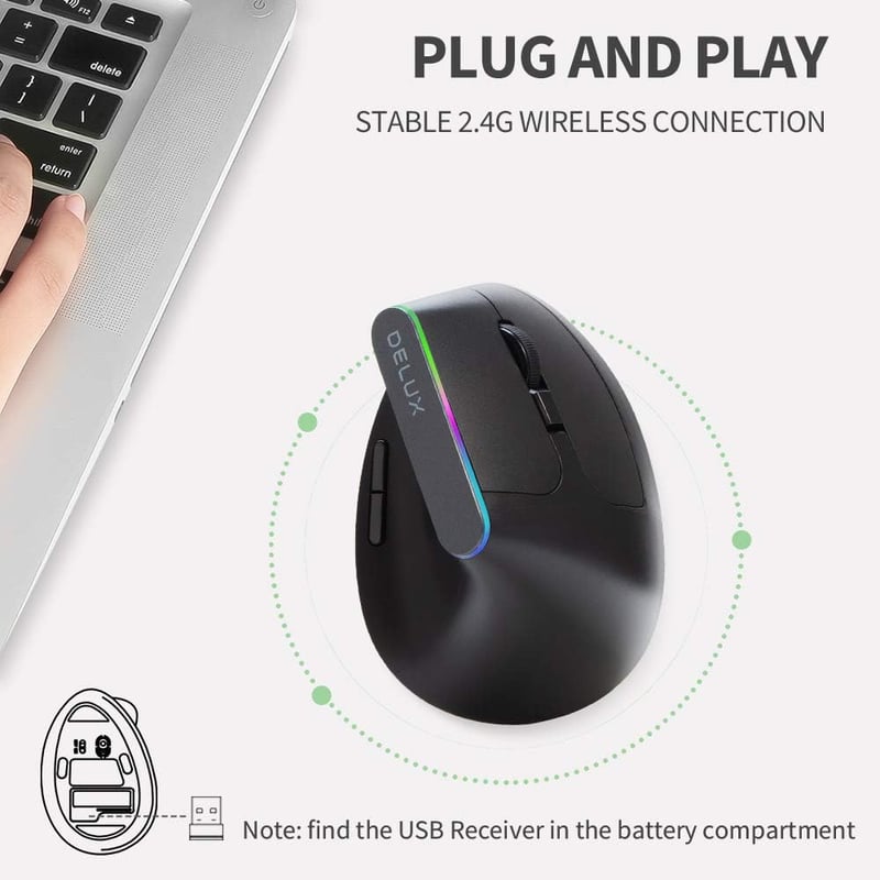 DeLUX M618C Fekete Ergonomikus Vezeték Nélküli Függőleges Egér Csendes Kattintással, Kéztőalagút Szindrómára