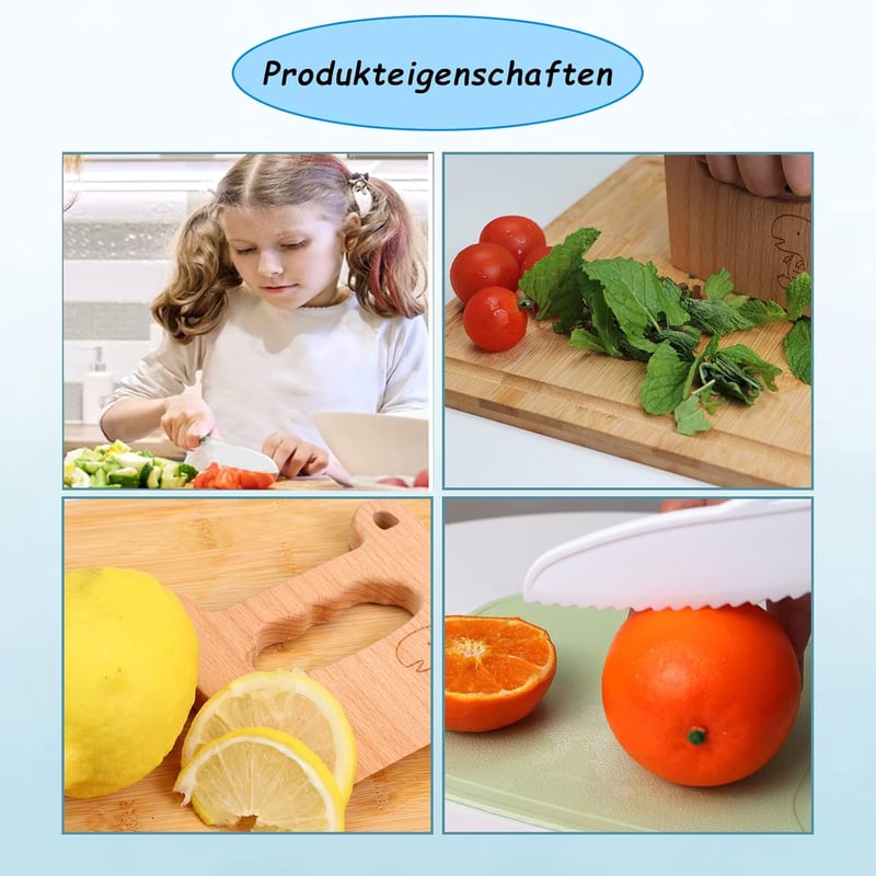 Goodchef 5 részes gyerekeknek való konyhai késkészlet - Dinoszáuros mintájú, biztonságos, fogazott élű műanyag és fa kések 2 éves kortól, zö