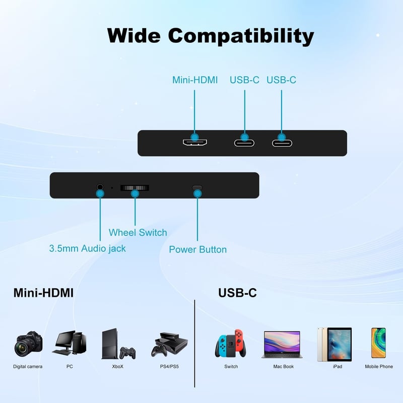 Prechen 18,5" Hordozható Érintőképernyős Monitor - 1080P FHD IPS, 99% sRGB, HDR, USB-C/HDMI, VESA, 180° Állítható, Laptop/PC/PS5/Xbox Kompat - black