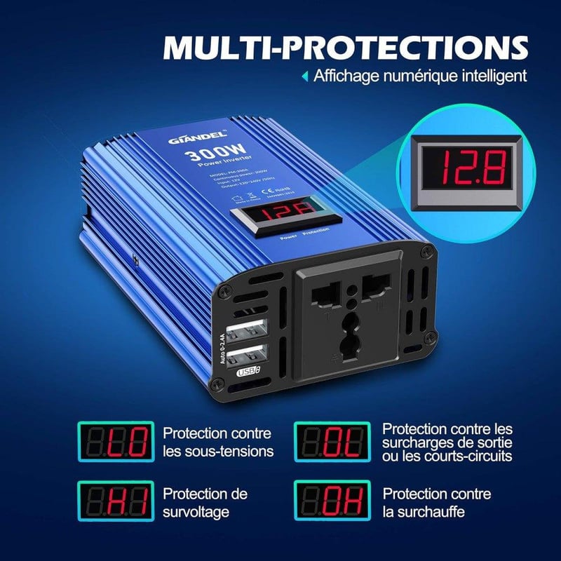 GIANDEL 300W Szivargyújtós Inverter LED Kijelzővel, USB-vel - 12V/220V Autós Áramátalakító