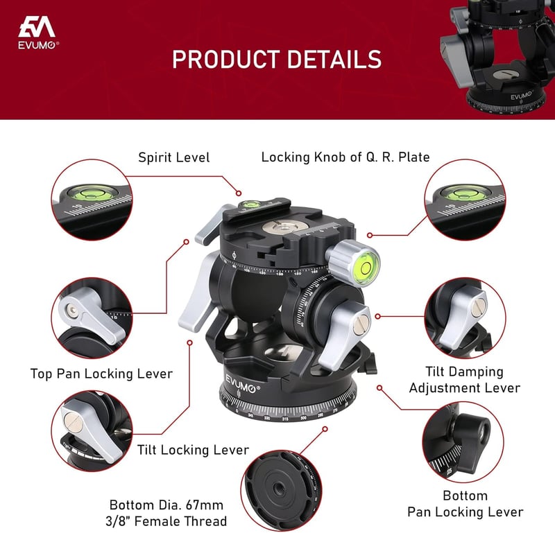 EVUMO Dupla Panoráma Állványfej - 360° Forgó Videófej Kamerákhoz, 8 kg Teherbírás, Arca-Swiss Kompatibilis, DSLR, Okostelefon, Alumínium, 52