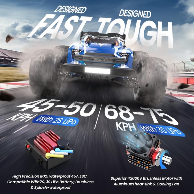 DEERC H16E Távirányítós Autó 1:16 Kefenélküli Motor 70 km/h - 4WD Versenyautó 2 Akkumulátorral 40 Perc Üzemidővel, 2.4 GHz RC Jármű