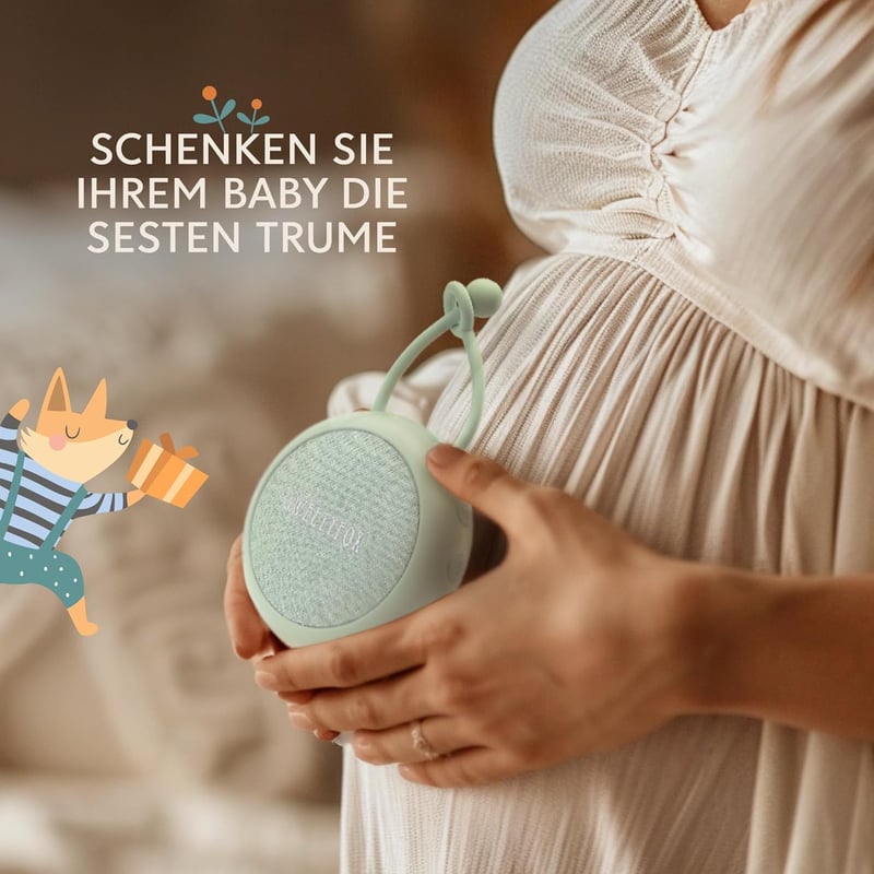 Sweety Fox Fehérzaj Készülék Babáknak - Zöld Altatógép 15 Hangmintával, USB Tölthető Éjszakai Fénnyel, Altató Dallamokkal, Alvássegítő
