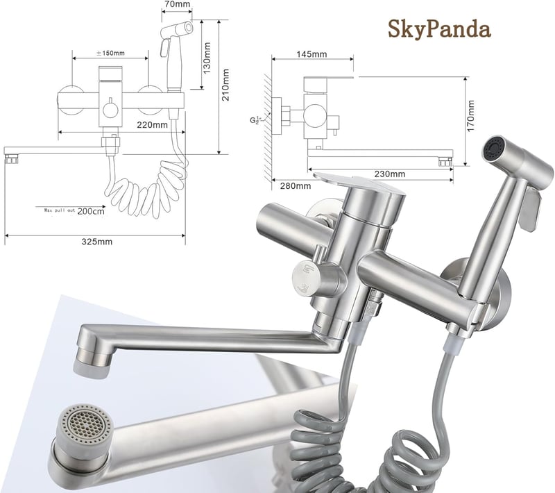 SkyPanda Fali Konyhai Csaptelep 4 Üzemmóddal - 360° Forgatható, 23 cm Kifolyócsővel, Kihúzható Zuhanyfejjel, Rozsdamentes Acél, Szálcsiszolt