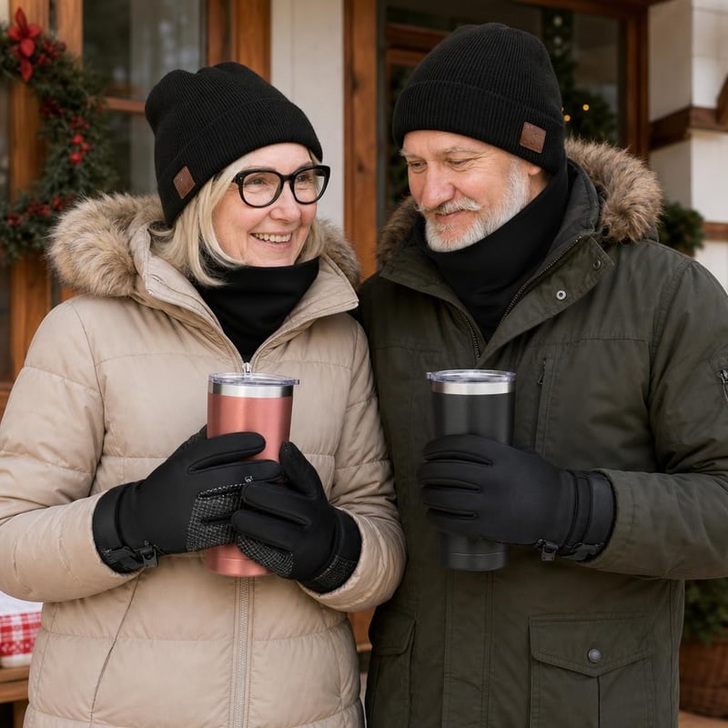 Zimný set proti mrazu: 600ml termohrnček + ponožky + dotykové rukavice + Bluetooth čiapka + nákrčník