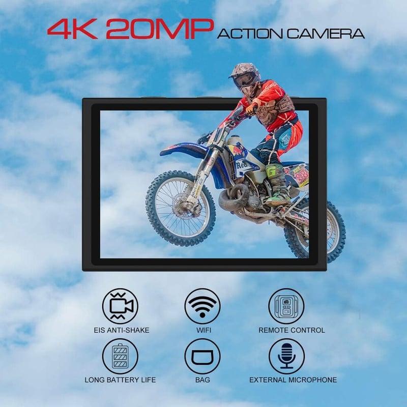 Apexcam 4K 20MP Akciókamera - Vízálló 40m, WiFi, EIS Képstabilizátor, Külső Mikrofon, 170° Látószög, 2.4G Távirányító, 2 Akkumulátor