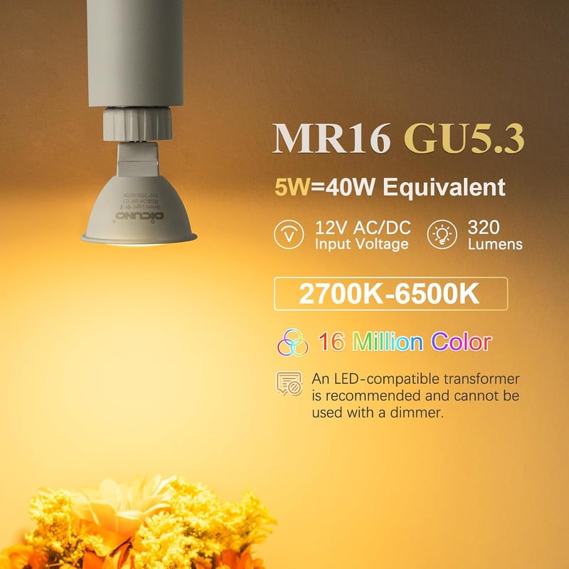 DiCUNO 5W GU5.3 Okos LED Spotlámpa - WiFi/Bluetooth RGB Színváltós, Fényerőszabályozható, 2700K-6500K, Alexa/Google Kompatibilis, 320LM, 12V