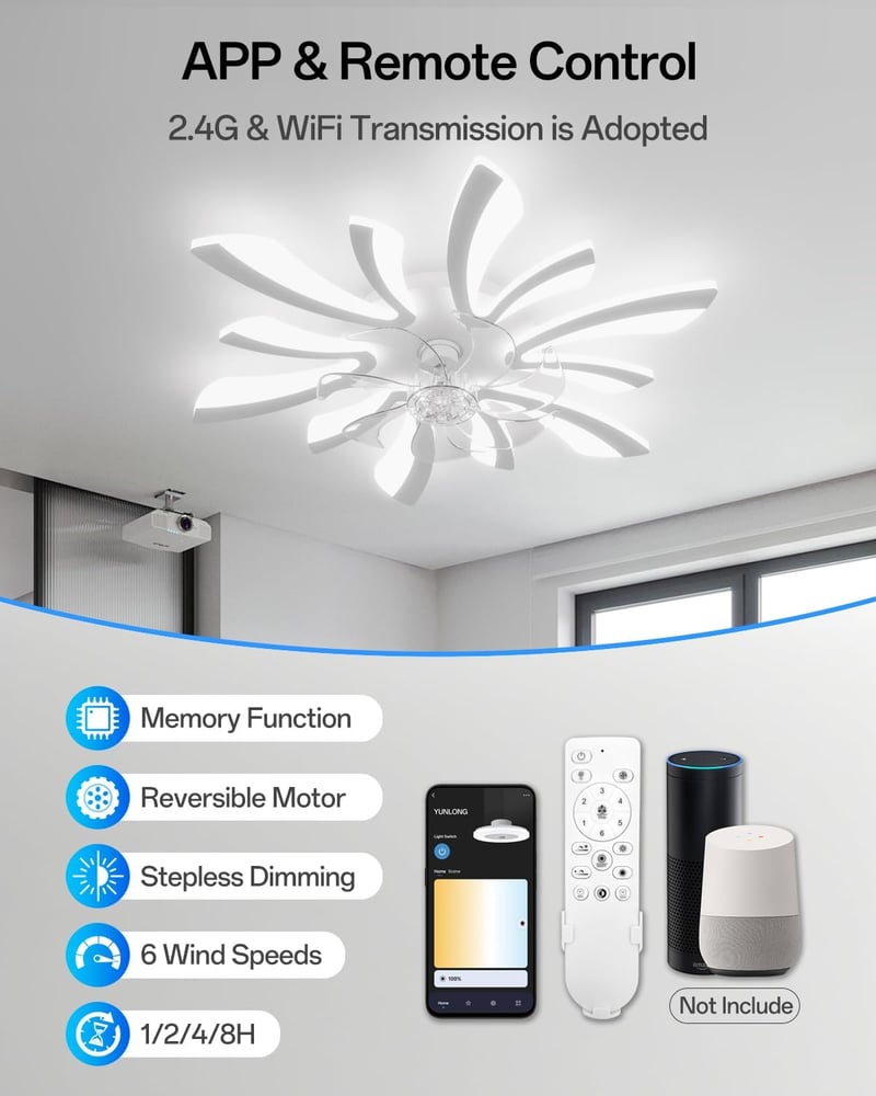 YUNLONG WiFi Mennyezeti Ventilátor LED Világítással - Csendes, 7 Lapátos, Alexa és Google Home Kompatibilis, Távirányítós, Időzíthető, Hálós