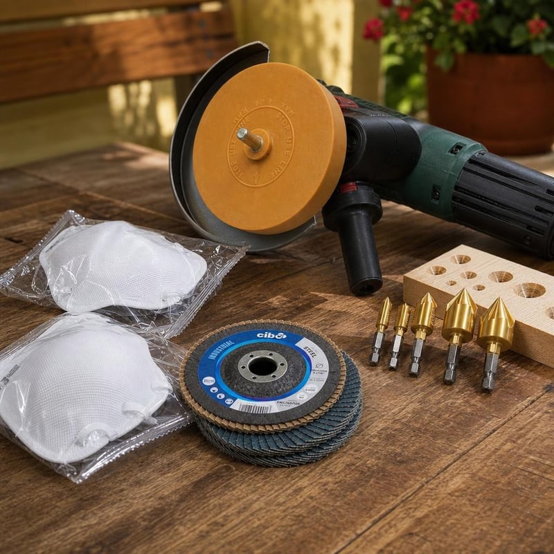 Set za brušenje i obradu: disk za skidanje traka + lamelni disk + 2x FFP2 maska + 6x upuštač