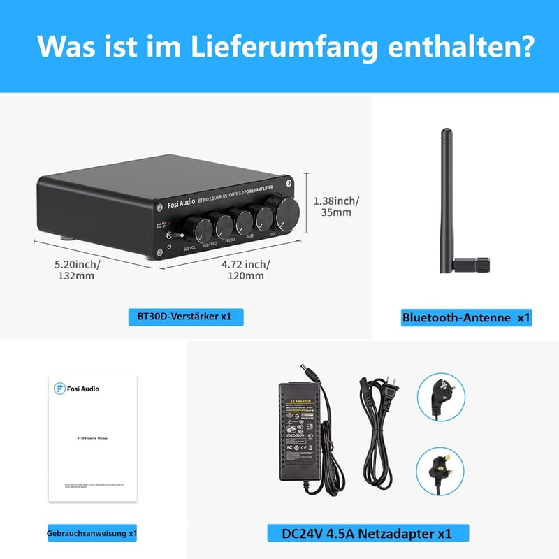 Fosi Audio BT30D Bluetooth 5.0 sztereó erősítő, 2.1 csatornás mini Hi-Fi, 50W+100W