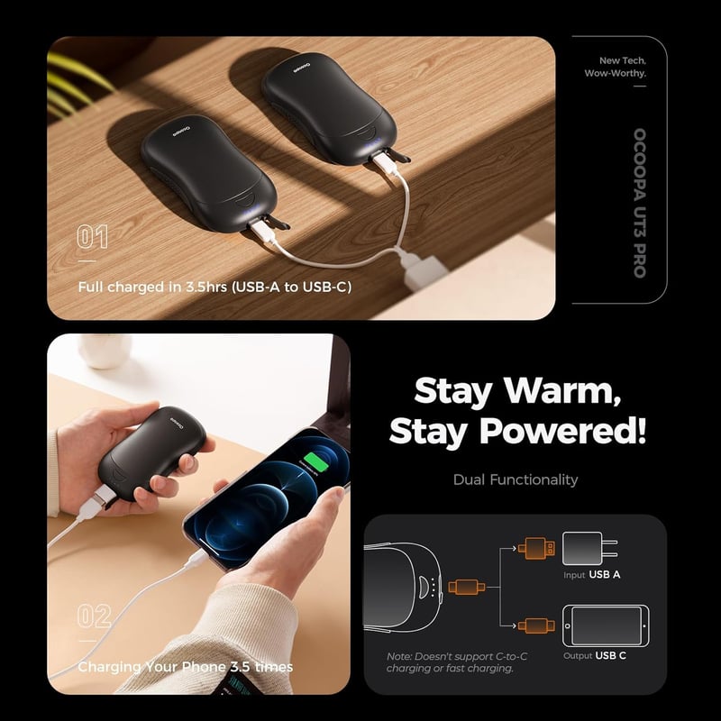 OCOOPA UT3 PRO Elektromos Kézmelegítő Szett, 10000 mAh Powerbank, 4 Hőfokozat, 58°C, Kétoldalas Fűtés, Újratölthető, Ideális Kempinghez, Vad