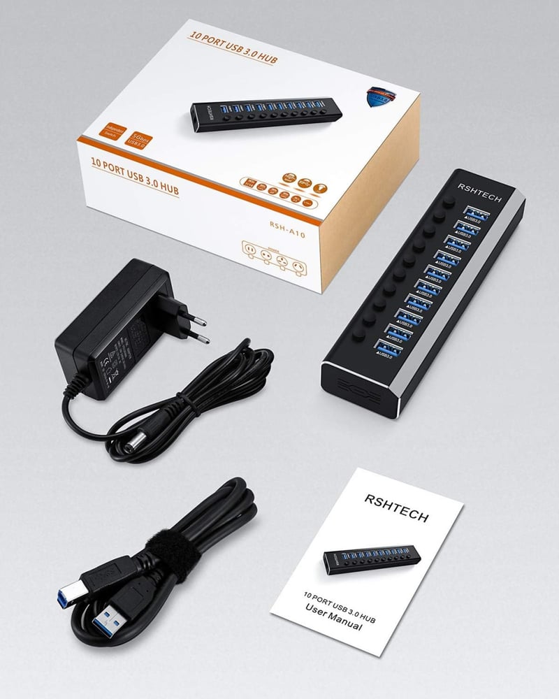 RSHTECH USB 3.0 Hub 10 Port Aktív Alumínium Elosztó 36W Tápegységgel