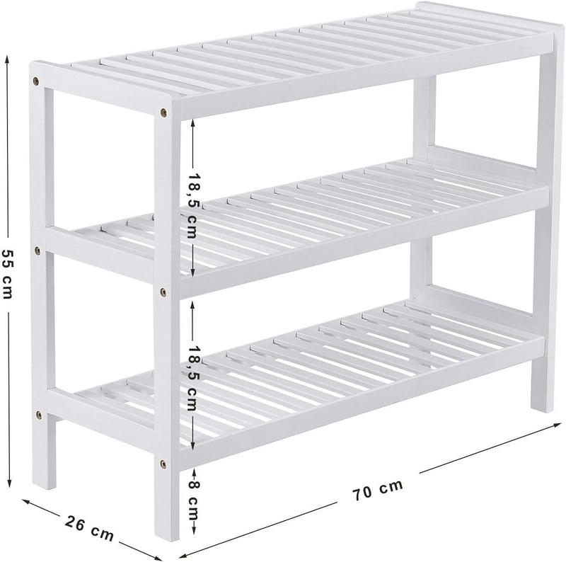 SONGMICS Bambusz Cipőtartó 3 Polcos Fehér 70x55cm Előszoba Hálószoba Nappali - 70 x 55 x 26 cm, White