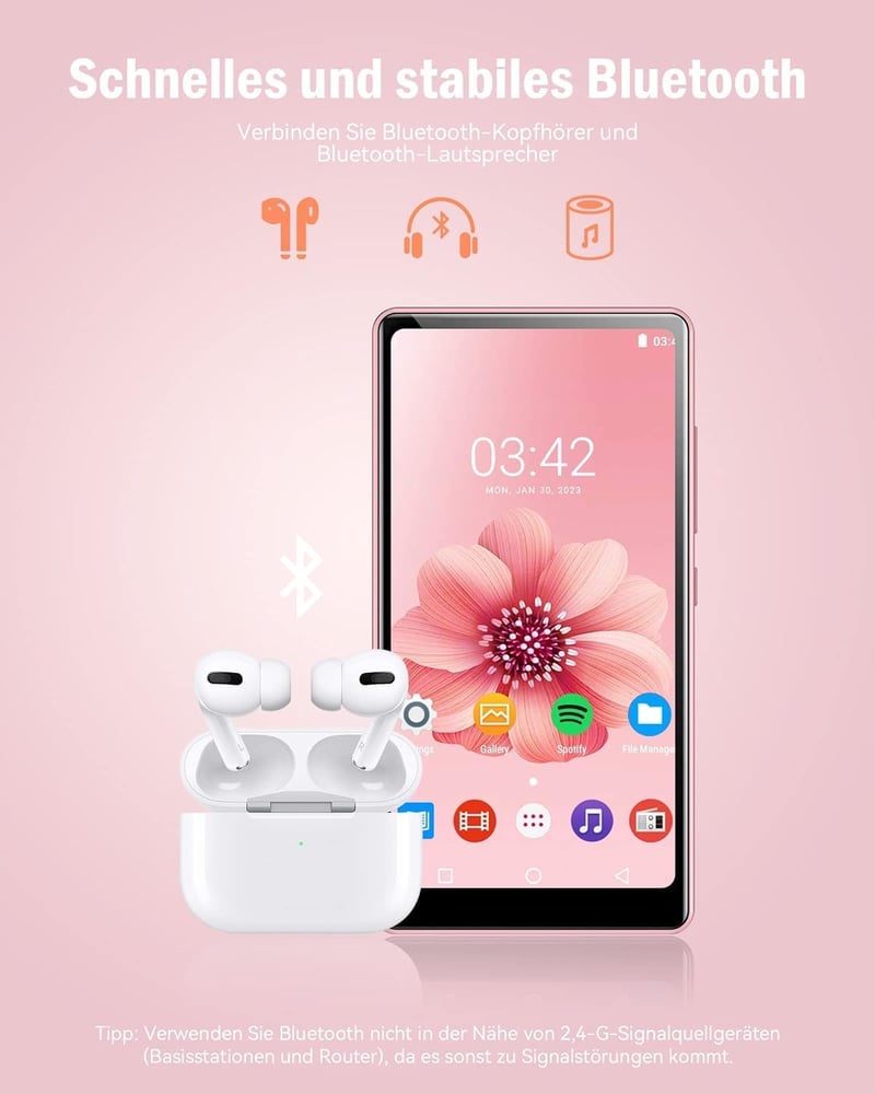 AGPTEK 4" WiFi MP4 Lejátszó Android 6.0 Érintőképernyővel, 32GB Kártyával - Rózsaszín