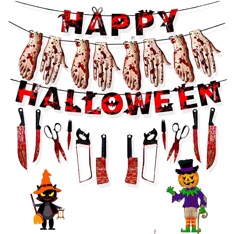 Halloween Dekoráció Szett - Véres Betűk, Fegyverek és Testrészek (34 db)