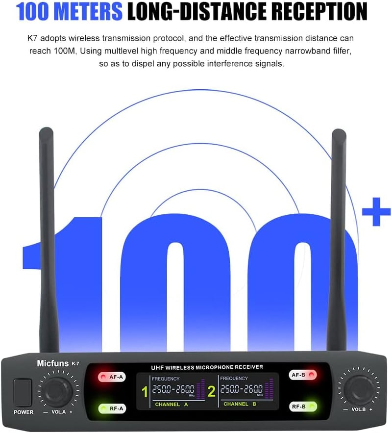 Micfuns K7 Profi vezeték nélküli karaoke mikrofon szett, 2 kézi VHF, 100m hatótáv