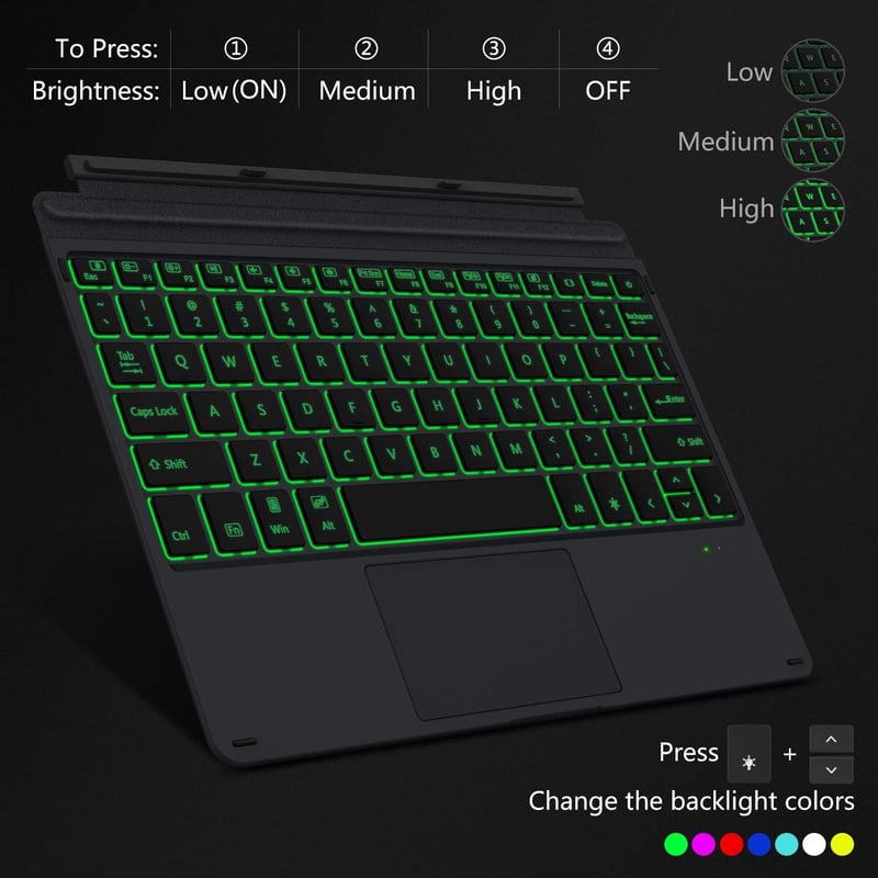 MoKo Bluetooth Billentyűzet Tok Surface Go 4/3/2/2018 Modellekhez, 7 Színű LED Háttérvilágítás, Érintőpaddal, Újratölthető Akkumulátor, Feke