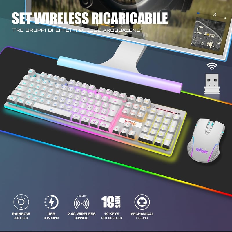 RedThunder K10 Vezeték Nélküli Gaming Billentyűzet és Egér Szett - LED Háttérvilágítás, 3800mAh Akkumulátor, Mechanikus Érzet, 3200DPI Egér,