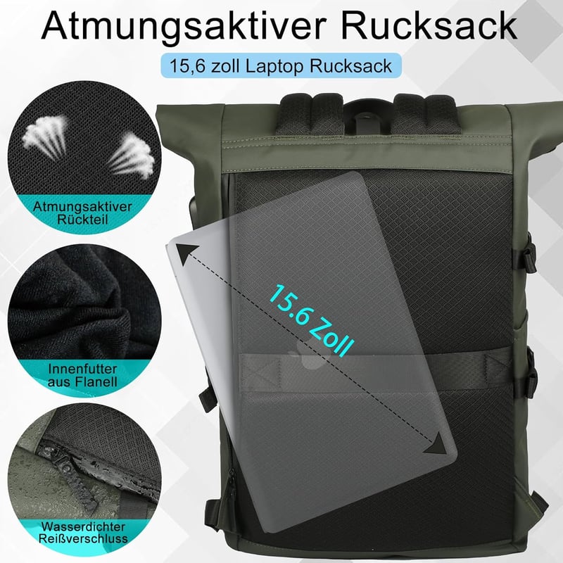 hk Rolltop Vízálló Hátizsák 27L - 15,6" Laptoptartóval, USB Porttal, Lopásbiztos Kialakítás, Unisex Városi Táska Egyetemre, Utazáshoz, Zöld