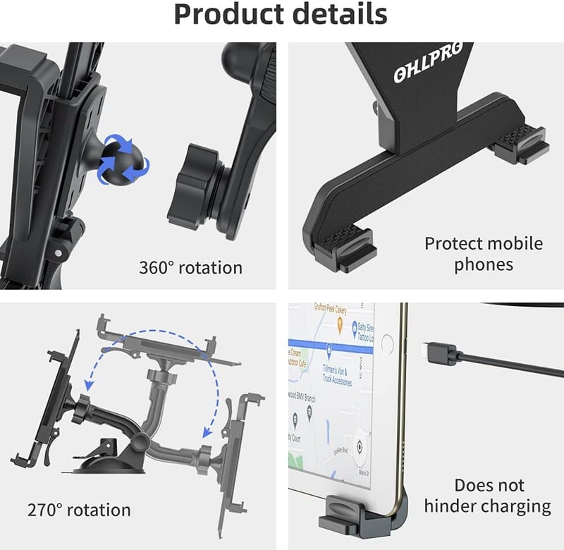 OHLPRO Tablet Tartó Autóba - 360° Forgatható iPad Rögzítő Műszerfalra és Szélvédőre, 6-11 Colos Készülékekhez, iPad, Samsung, Huawei Tablete