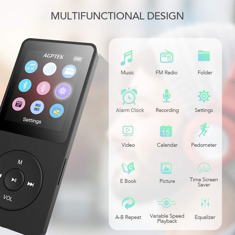 AGPTEK MP3 Lejátszó 32GB Bluetooth 5.3 Veszteségmentes HiFi Hangzással, 70 Órás Akkumulátor, Beépített Hangszóró, FM Rádió és Hangrögzítés