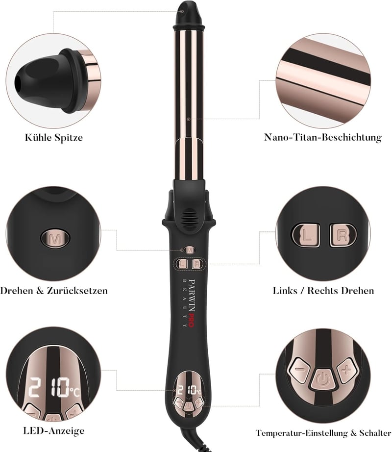 PARWIN PRO BEAUTY 360° Automata Forgó Hajgöndörítő 32mm - LCD Kijelzős Titán Bevonatú Hajformázó Nagy Göndör Fürtökhöz