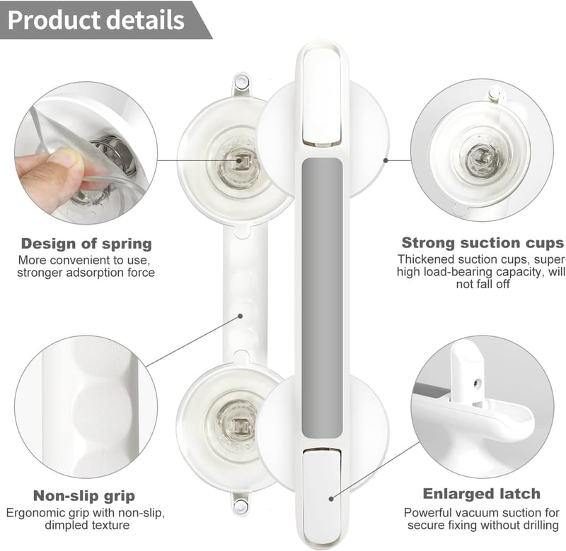 HooJtny Kapaszkodó Tapadókorongos Fogantyú Időseknek - Fúrás Nélküli Zuhanyzó Kapaszkodó Fürdőszobába, Kádhoz, WC-hez - 40kg Teherbírás, Szü