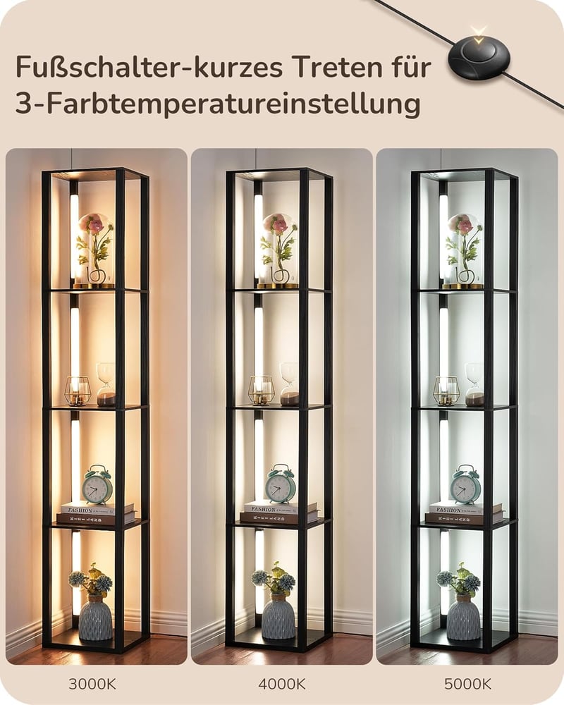 EDISHINE Állólámpa Polcokkal - 3 Színhőmérsékletű Dimmelhető LED, 20W, 1530 Lumen, 163cm Sarokpolc 360° Forgatható Világítással, Lábkapcsoló