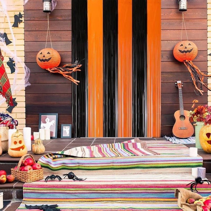 Cortină decorativă de Halloween, înfricoșătoare, negru-portocaliu.