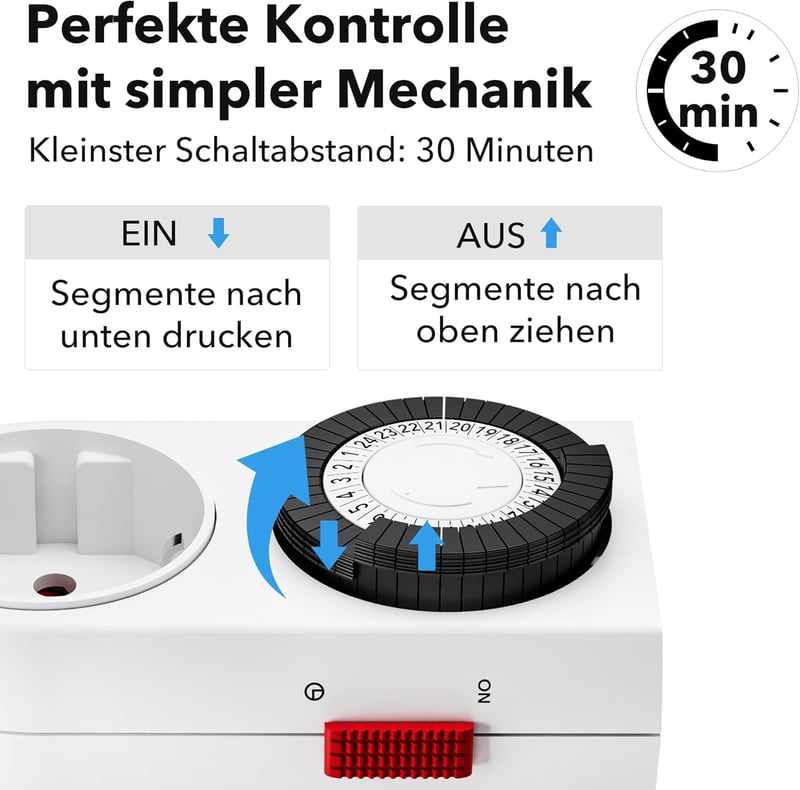 HBN Mechanikus Időzítő Konnektor 16A/3680W - Gyerekzáras, 4 db-os Szett, 24 Órás Program, Beltéri Analóg Időkapcsoló Lámpákhoz, 30 Perces Ka
