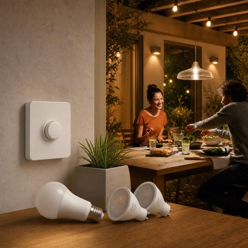 Pachet Smart Lighting: 1x protecție întrerupător + 1x bec LED E27 + 2x spoturi LED GU10