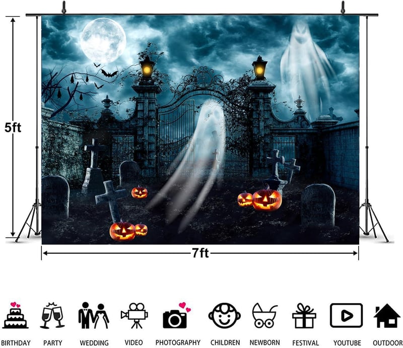 Kísérteties Halloween Háttér: Kék Temető Szellemekkel és Töklámpással