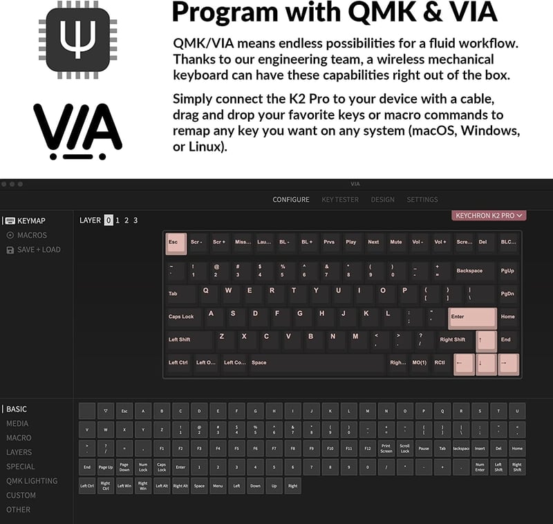 Keychron K2 Pro RGB mechanikus billentyűzet, vezeték nélküli, programozható, Mac/Windows