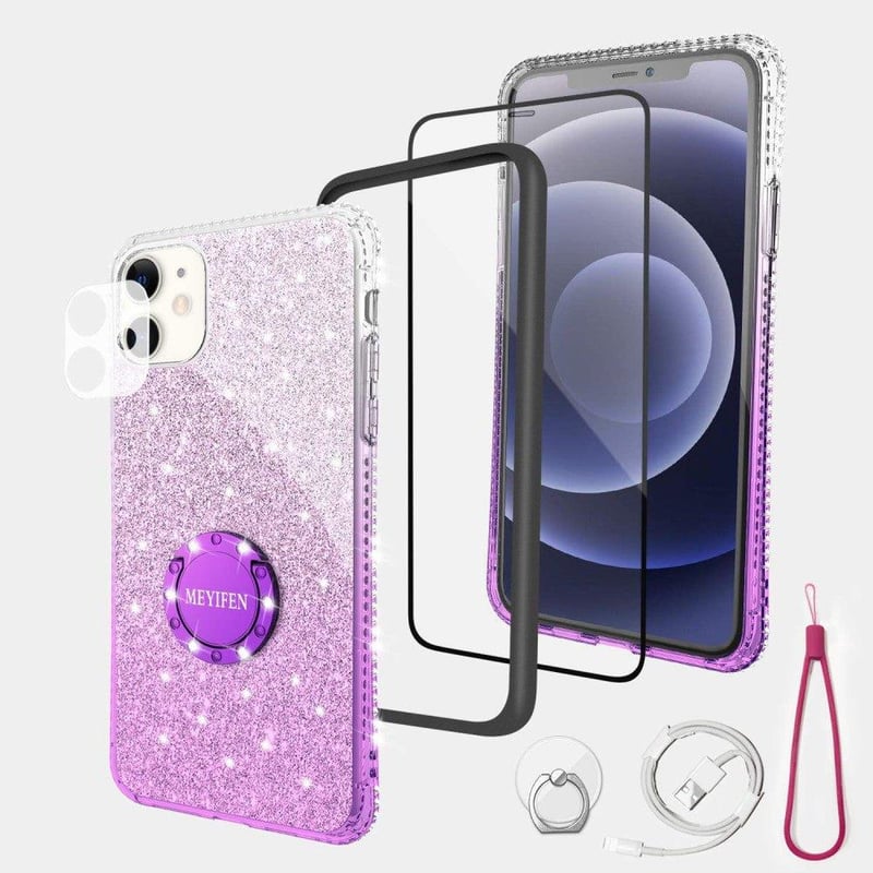 iPhone 12 Mini Lila Glitteres Gyűrűs Tok - Csillogó Lányos Szilikon Védőtok