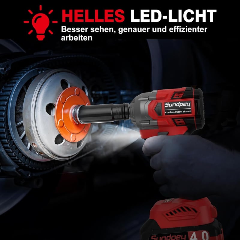 Sundpey Akkumulátoros Ütvecsavarozó 650 Nm - 21V Kétsebességes Behajtó 2db 4000 mAh Akkuval, 6 Dugókulccsal, 9 Fúróval, LED Világítással, Ot