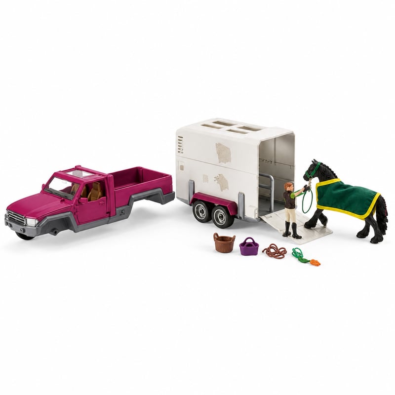 Autovehicul de transport cai cu remorcă Schleich Horse Club — defect, pentru piese: lipsește axa spate, autocolante îndepărtate (stare: vezi a 2-a fotografie)