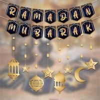 Ramadani dekoráció szett - 10 részes holografikus hold-csillag füzér és banner 1