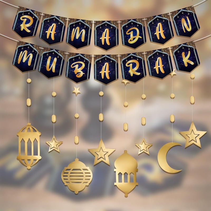 Ramadani dekoráció szett - 10 részes holografikus hold-csillag füzér és banner