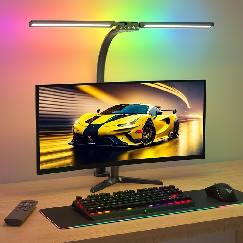 SIBRILLE RGB Dupla Fejes Asztali Lámpa - 22W LED, 80cm, Csíptethető, Távirányítós, Állítható Színhőmérséklet, Szemvédő Monitor Világítás